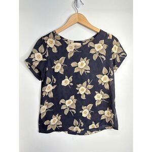 Designs by Pat Argenti Shirt Womens Short Sleeve Floral Blouse Black/Tan Size Sm